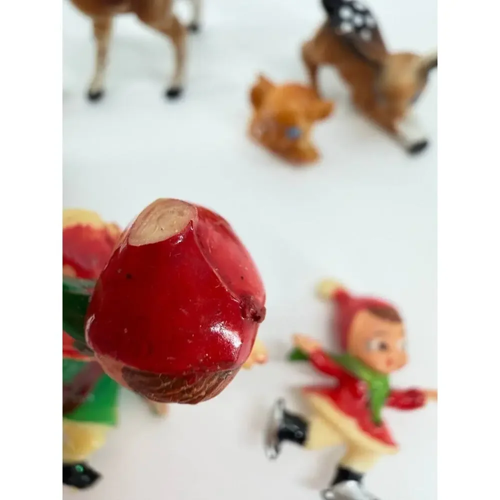 Vintage Hong Kong Plastic Christmas Figures Deer Ice Skaters Figurine Set